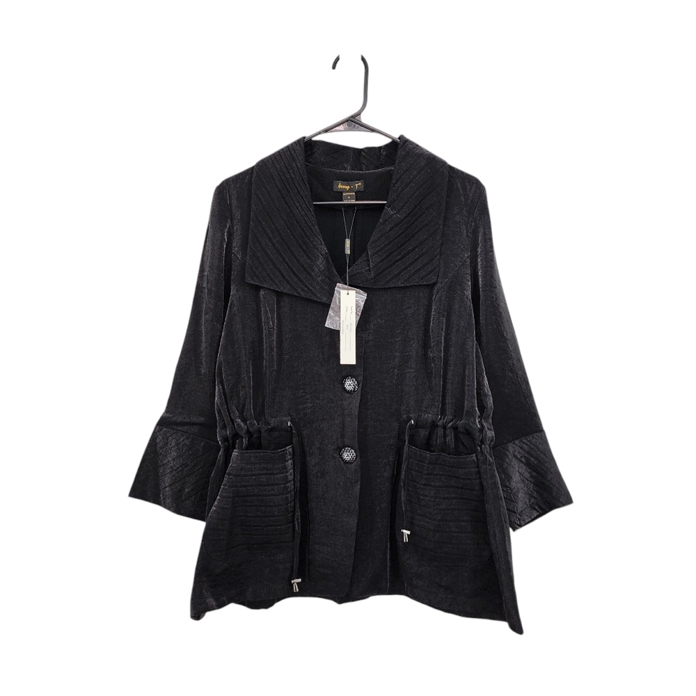 Jerry T Women's Wide Collar Button Front Blazer Drawstrings Shimmer Jacket - M